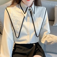 トップス シャツ ブラウス 袖あり 長袖 Vネック 襟付き 切り替えデザイン ドッキング 異素材MIX かわいい 大人可愛い おしゃれ お洒落 かっこいい レトロ 大人女子 ラブリー キュート