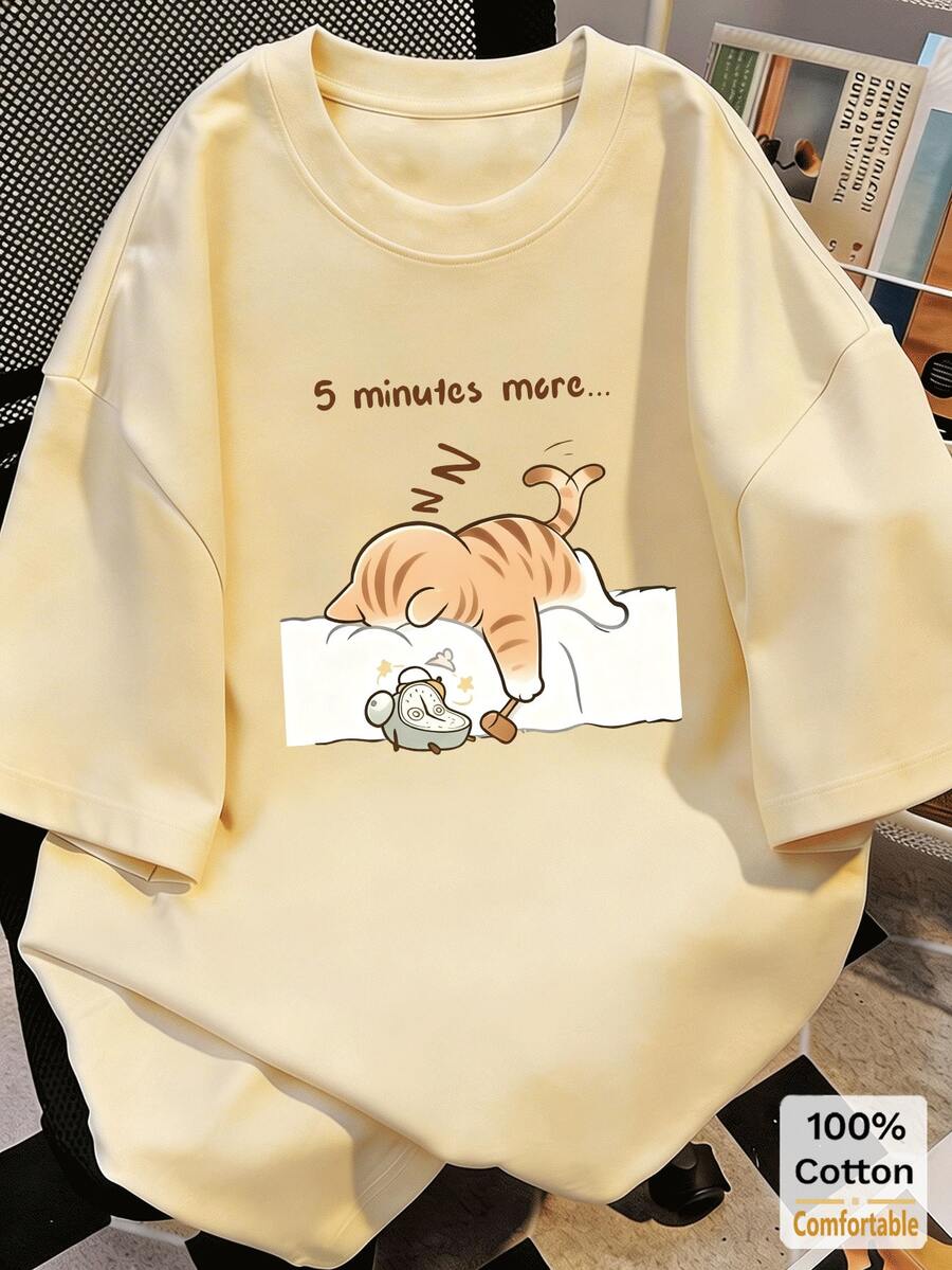 かわいい猫プリント 半袖 ミドル丈Tシャツファッショナブルなカジュアルトップス レディース 夏用