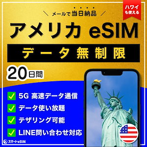 【データ無制限】 アメリカ ハワイ eSIM 20日間／データ使い放題／5G・4G高速データ通信／テザリング可能／当日納品／パスポート登録不要