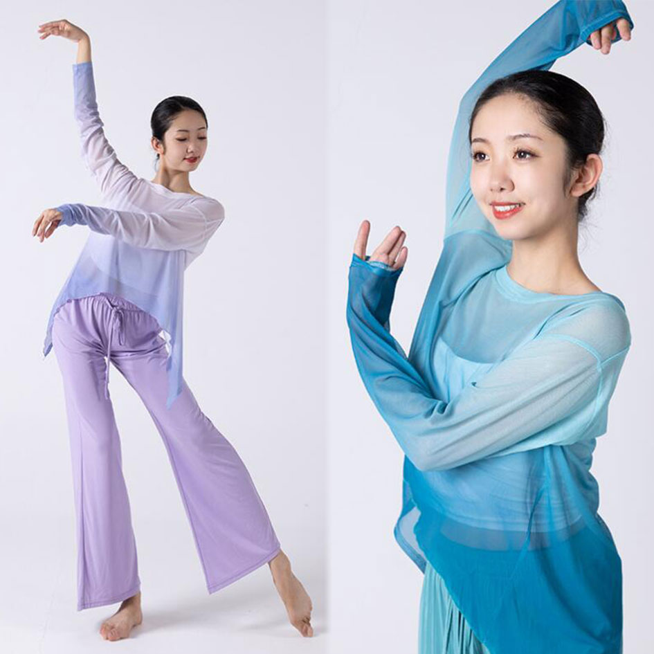 古典ダンスウェア 透け感長袖ブラウス 中華古典舞踊 グラデーション ワイドパンツ レディースダンスウェア ダンスパンツ ダンス練習着 団服 レッスン着 古典ダンス バレエダンス 社交ダンス モダ