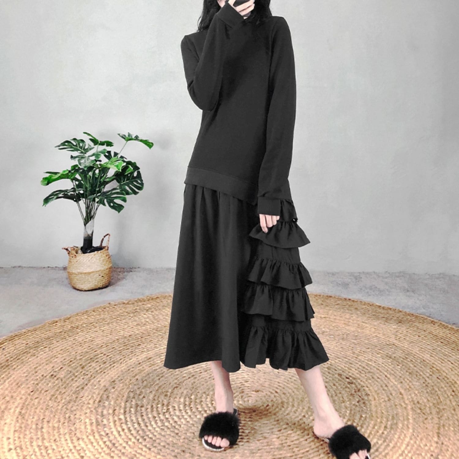 レディース ワンピース 膝下 ミモレ 長袖 アシンメトリー Aライン フェミニン フリル ドッキング かわいい 大人可愛い きれいめ シンプル カジュアル 上品 おしゃれ ガーリー エレガント