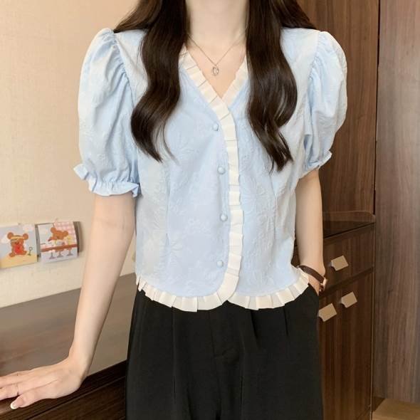 トップス シャツ ブラウス ショート丈 袖付き 半袖 パフスリーブ 襟なし Vネック 前開き かわいい 大人可愛い きれいめ シンプル 大人 上品 おしゃれ かっこいい 大人女子 こなれ感 都