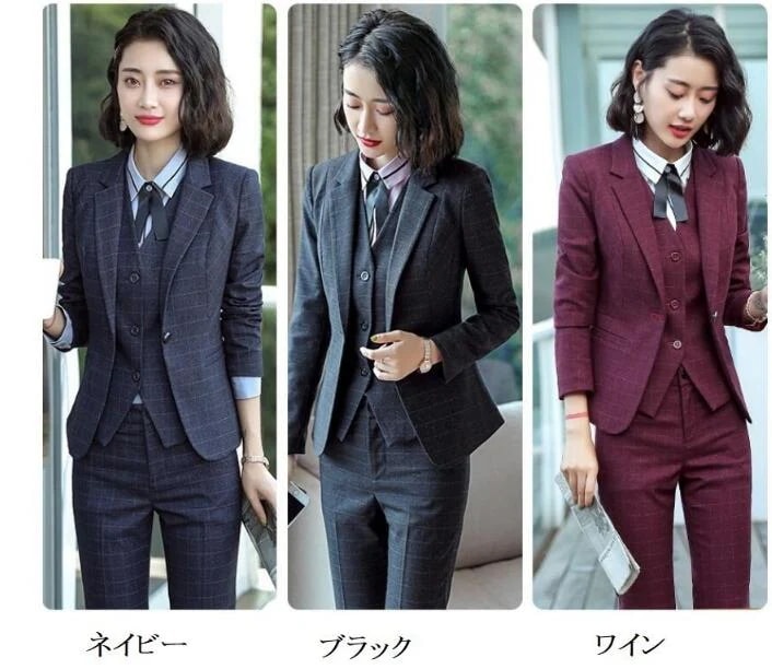 超お徳用5点セット チェック柄スーツ スーツ+シャツ+ベスト+パンツ/スカート+ クロスタイ フォーマルドレス エレガント/OL通勤/キャバドレス/2次会/4点セット/ビジネス/セレモニースーツ/