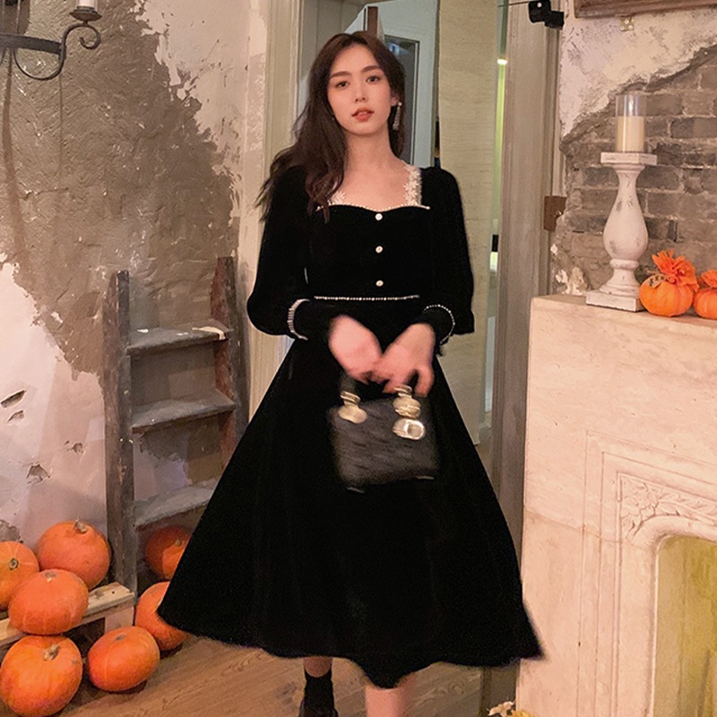 インナーボトムフレンチ人気ゴールドベルベットワンピースサブシーズン2023新作レディース服