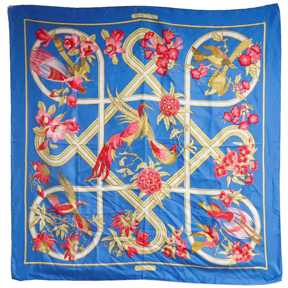カレ90 caraibes カリブ スカーフ シルク 青 レディース 中古品
