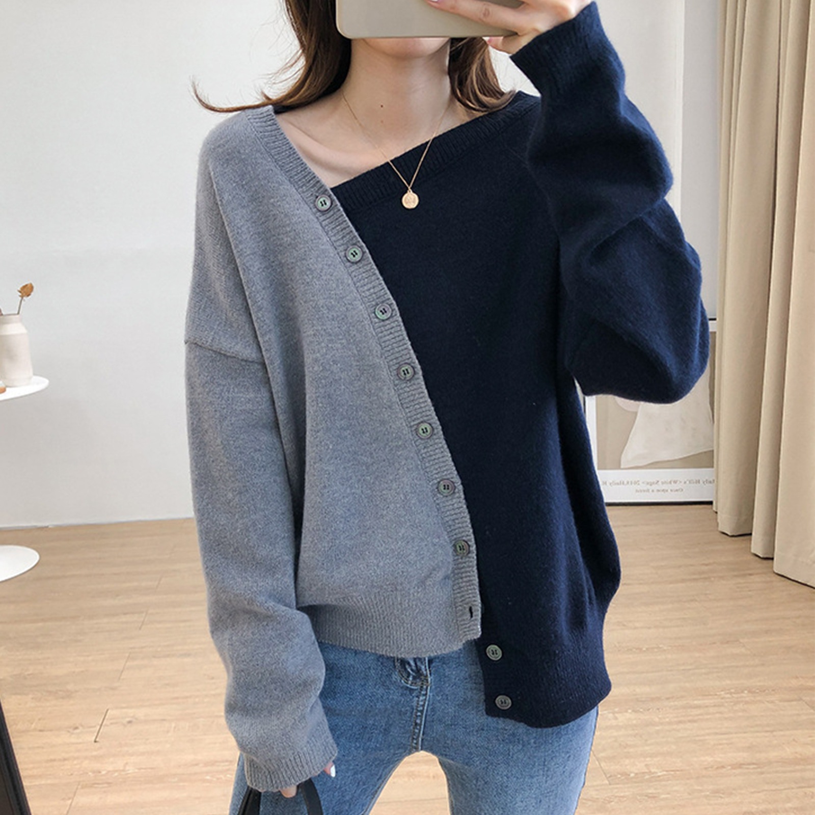 長袖ニット韓国版ゆったりセーター通勤キュートカジュアル 切替セーター