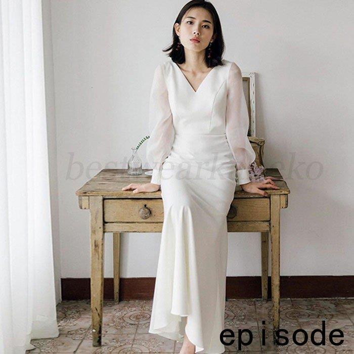 リゾートドレス ウエディングドレス 二次会 花嫁 前撮り パーティードレス ロングドレス 結婚式 大人可愛い エレガント白 エンパイア シンプル 新婦