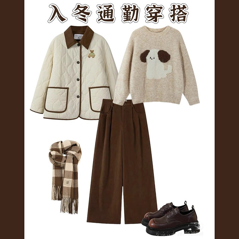 今年人気の秋冬新作きれいめレディース年齢軽減アプリコットカラーコットンジャケットツーピーススーツ