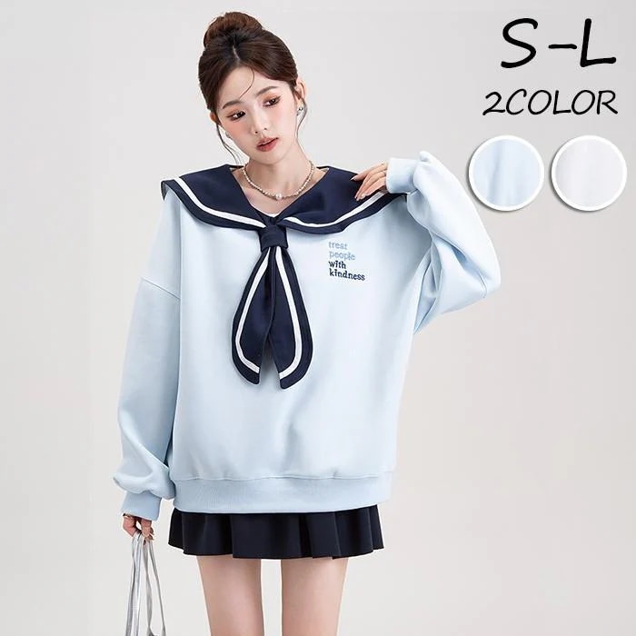 トレーナー レディース トップス 長袖 ビックシルエット セーラーカラー フリル かわいい ロリータ ゆったり キュート 楽チン カジュアル ブルー ホワイト S M L