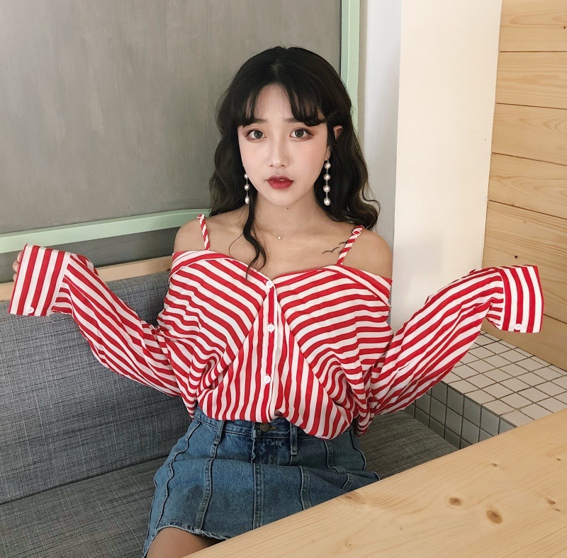 2276.オフショルダーストライプスキッパーシャツ(レッド) 2019 春夏 新作 大人 かわいい カジュアル OL 20代 30代 デート服 女子会