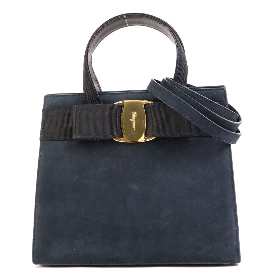 サルヴァトーレフェラガモ Salvatore Ferragamo ハンドバッグ ショルダーバッグ ヴァラリボン スエード/キャンバス ネイビー/ブラック ゴールド レディース e57791f