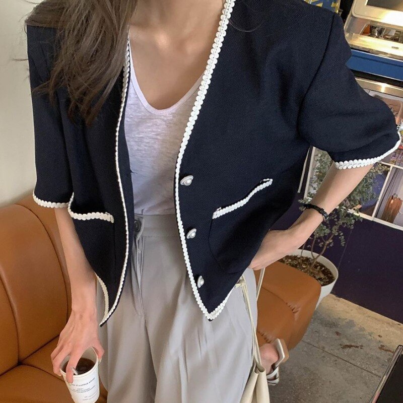 アウター ジャケット レディース 春 きれいめ 軽い ショート丈 五分袖 Vネック 襟なし 刺繍 ネイビー フリーサイズ ゆる ワンサイズ 大人可愛い きれいめ シンプル 大人 上品 おしゃれ 無地