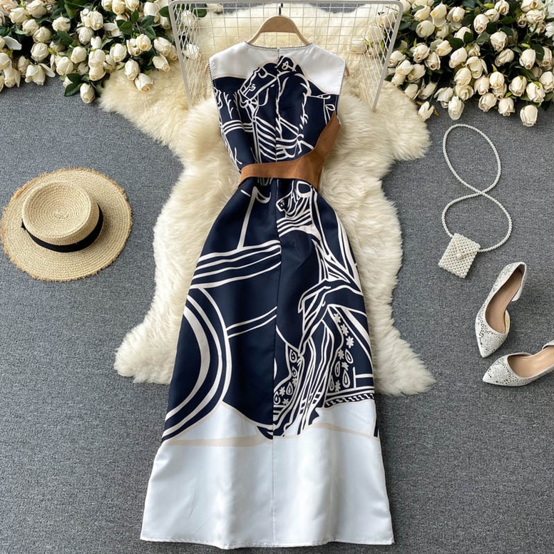 ワンピース レディース プリントワンピース 光沢 異素材MIXワンピース スカーフ柄 サテン ドレス