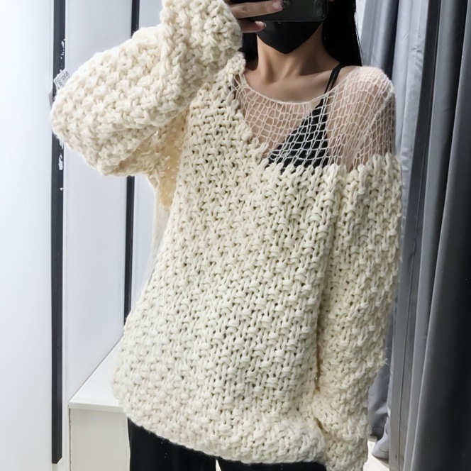 トップス カットソー ニットソー セーター プルオーバー 白トップス ダメージ スタイルアップ カジュアル 袖あり 長袖 襟なし 編み込み かっこいい セクシー 大人可愛い 大人女子 個性的 存在感