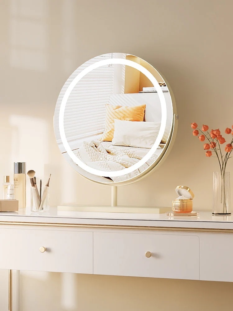 【白バレンタイン】鏡 クリーミーなスタイルのledメイクアップミラーライト付きスマートドレッシングテーブルミラーベッドルームホーム回転デスクトップデスクトップドレッシングミラー 福袋