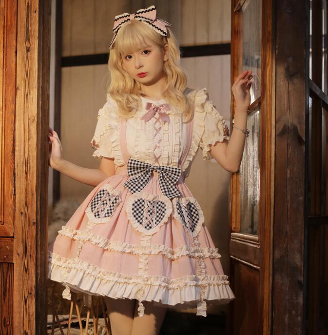 【TikTok人気新品】可愛いロリータワンピース キャミソール ピンクドレス プリンセス ロリータドレス お姫様 膝丈 半袖ブラウス ロリータシャツ 萌え萌え コスプレ衣装 学園祭 文化祭 イベント