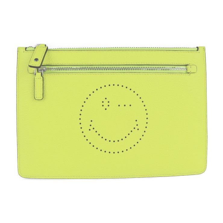 超美品 Anya Hindmarch アニヤ ハインドマーチ セカンドバッグ - ダブル ジップ ポーチ スマイリー カーフレザー ネオンイエロー シルバー金具 クラッチバッグ マルチケース 本物保証