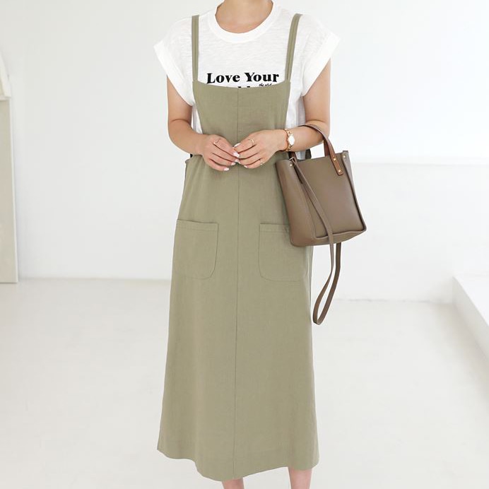 [韓国ファッション]ポケット付き サイドスリット入り リネン サロペットワンピース