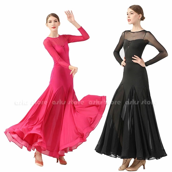 モダンダンスドレス 社交ダンス衣装 ワンピース 長袖 シースルードレス チュールスカート モダンダンス ダンスウェア 大きい裾 舞台衣装 イベント 発表会 競技着 ワルツダンス タンゴ フラメンコ 練