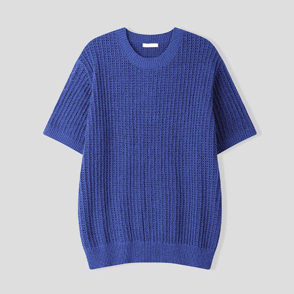 メンズ コルク スカシ ラウンド 半袖 ニットTシャツ AS-KNH-Q015-ブルー