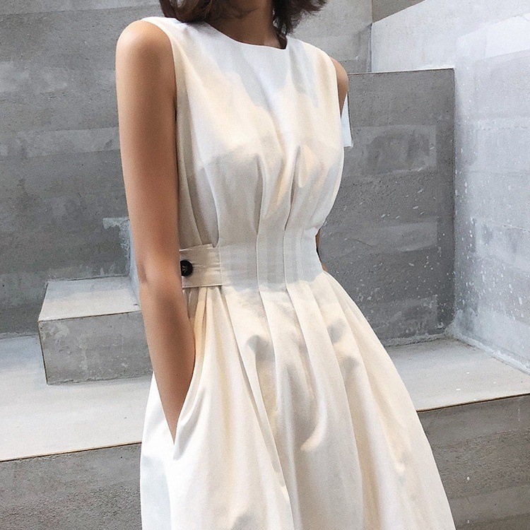 ワンピース ミディアム丈ワンピース ノースリーブワンピース ウエストマーク ポケット フレア ミディアム丈 かわいい 大人可愛い きれいめ シンプル 上品 おしゃれ きちんと 大人女子 こなれ感