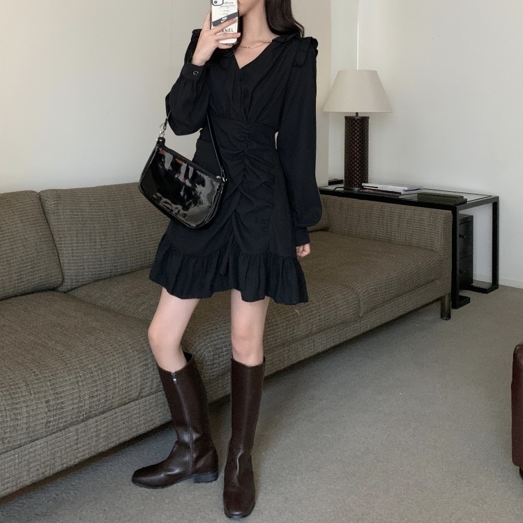 ワンピース シフォンワンピース ミニ 膝上 袖あり 長袖 パフスリーブ Vネック プリーツ シフォン