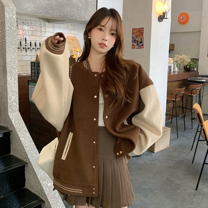 アウター 上着 長袖 襟なし 茶色 ブラウン 韓国流行 前開き 厚手 かわいい 大人可愛い きれいめ