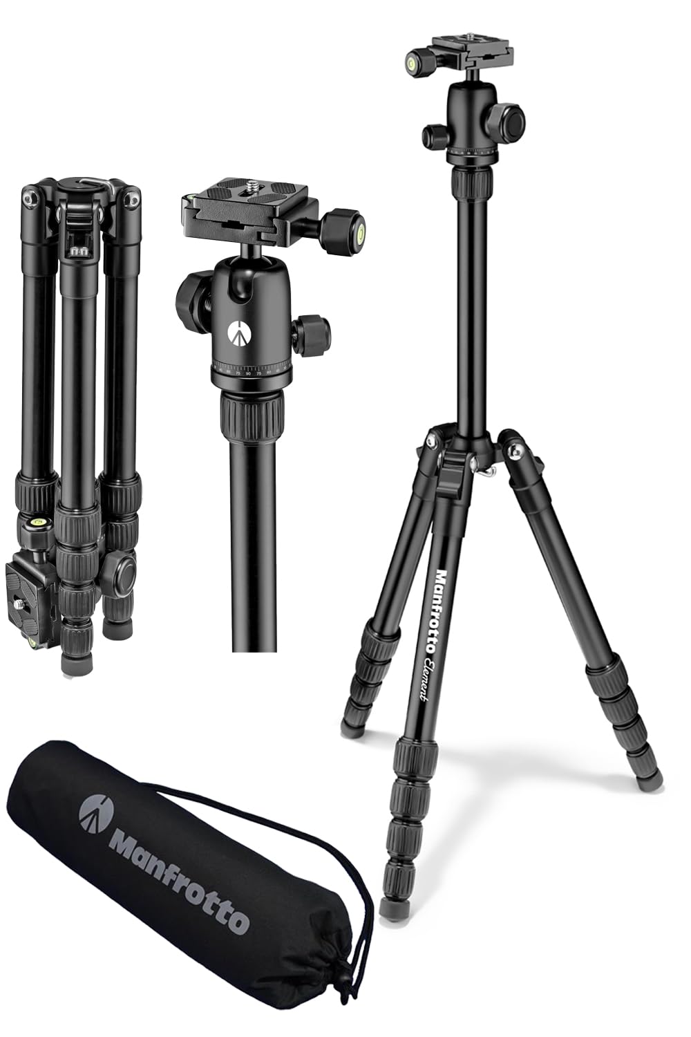 マンフロット(Manfrotto) Elementトラベル三脚 スモール ブラック コンパクト 軽量 折り畳み式 キャリーケース付き ボール雲台搭載 耐荷重6kg 全伸高143cm MKELES5BK