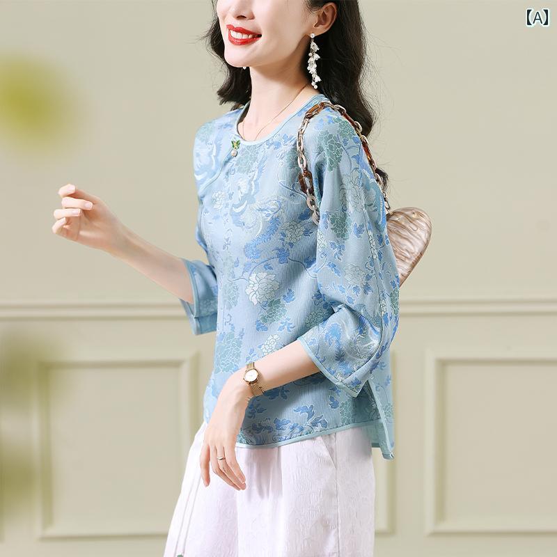 トップス レディース チャイナ風 レトロ プリント レース シャツ レディース 八分袖 ラウンドネック さわやか ブルー