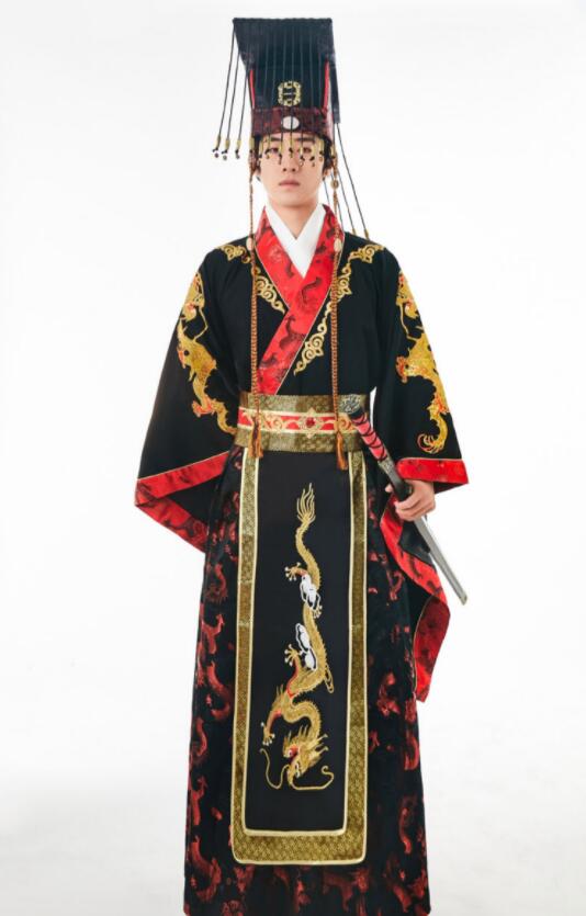 中華コスプレ衣装 大人 メンズ 中国古代服装 皇帝 黄袍 仮装 変装 王冠 宝冠 ハロウィン衣装 男性 おしゃれ 黒に金の刺しゅう プリント 龍 豪華 漢服 中華衣裳 華流 中国古代時代劇 皇帝 コス