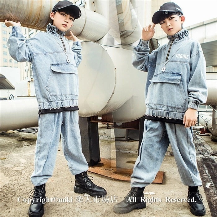 【新品プロモ-ション】デニム セットアップ セット 上下セット ジーンズ ジーパン キッズ ダンス ダンス衣装 レッスン着 ジュニア 女子 男子 子供服 デニム ダンス衣装 ジャケット 子供服110c