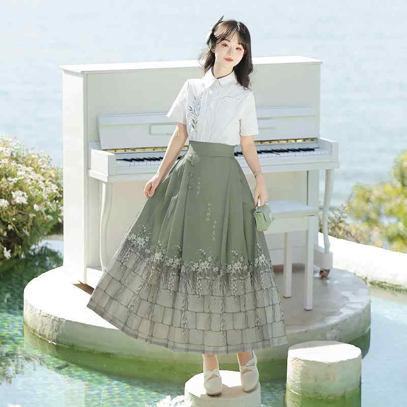 漢服 フェミニン セットアップ ロングスカート スーツ チャイナ風 半袖ブラウス 花柄 竹 レディース 夏 エレガント モダン フェミニン シフォン 優雅 シルエット スタイリッシュ