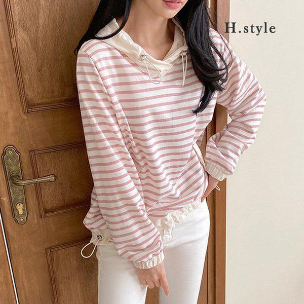 HスタイルWGストライプフードティー/春の新商品/ミセス/Tシャツ/スウェットシャツ/MTM/ラウンド/ルーズフィット/ロングティー/Vネック/ポラ