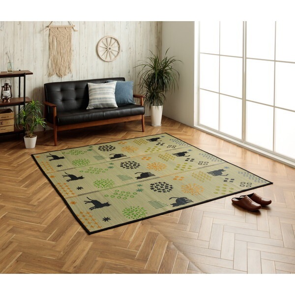 1060920184104 い草ラグ 猫柄 花柄 猫 インテリア 節電 夏用 涼しい おしゃれ おすすめ 湿度調節 消臭効果 お手入れ簡単 ナチュラル 約180×240cm メーカー直送