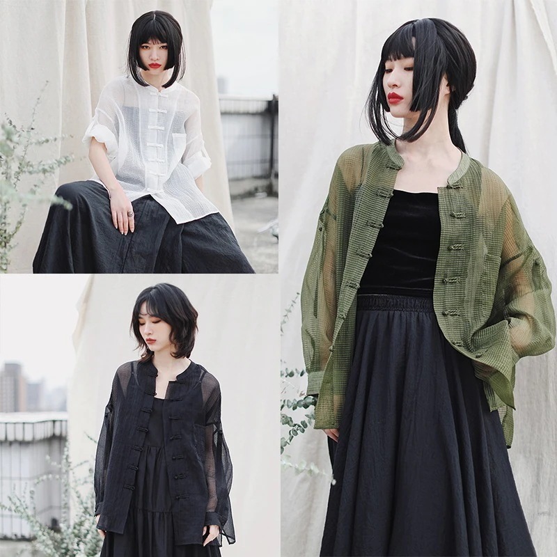 チャイナ風カーディガン トップス シャツ 夏 レディース 長袖 無地 改良唐装 着痩せ 紫外線対策