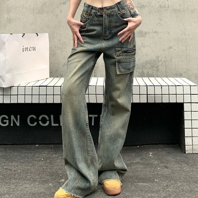 韓国ファッション ウォッシュ加工 パンツ ハイウエスト フリンジ ワイド 細見え お出かけ ストレート 脚長効果 カジュアル 美脚効果 レディース ジーンズ 春 デニム