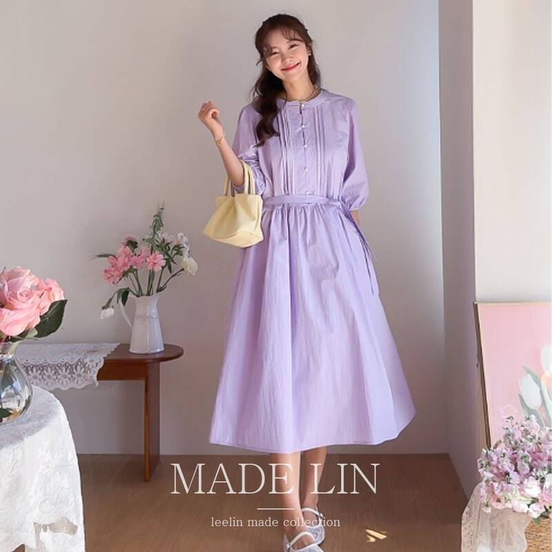 MADE LIN プリーツ＆パール ピンタック シャーリングワンピース