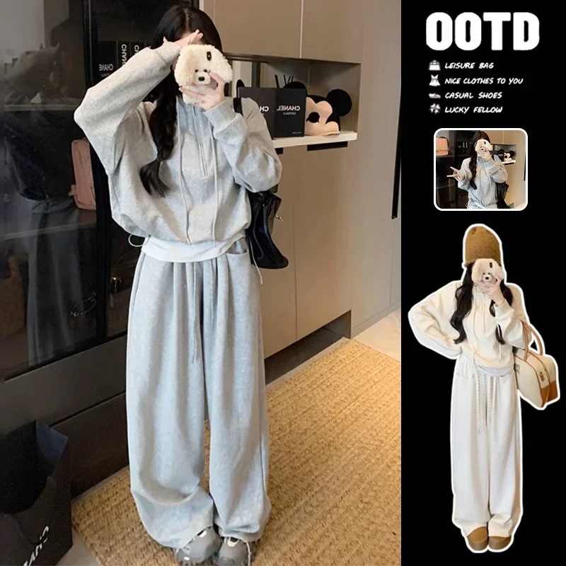 女性用ハイウエストスリミングベルボトムススウェットシャツカジュアルツーピースセットセンスデザインアイドルモード秋新しいスタイル - 200000345