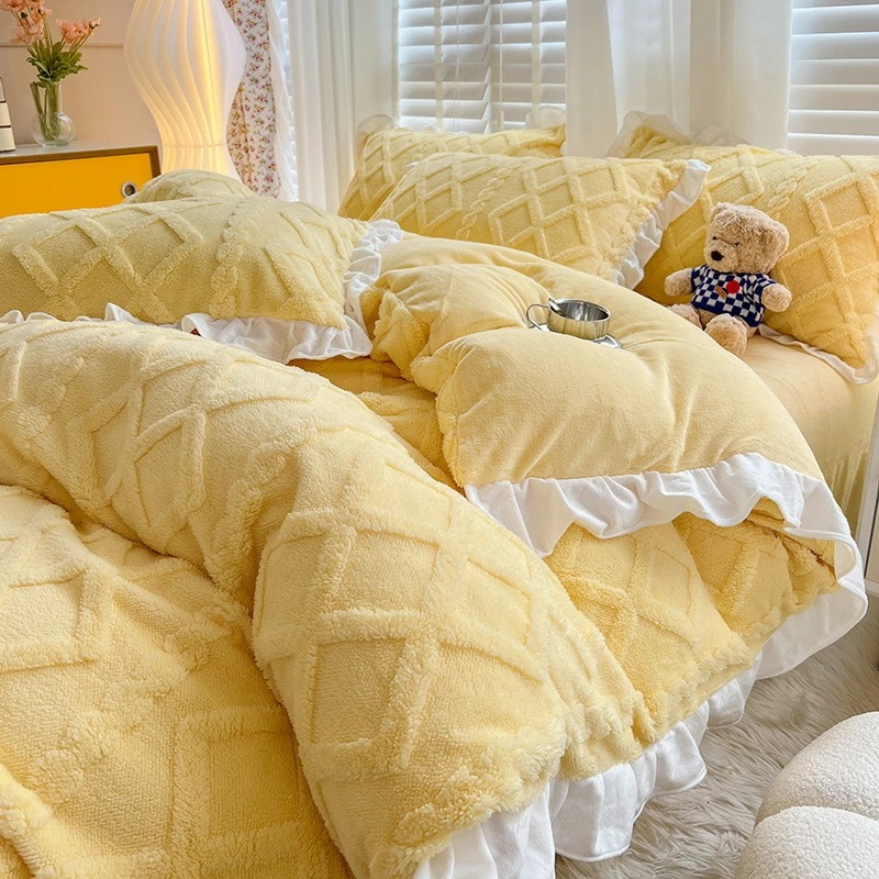 寝具カバーセット 韓国風 可愛い フリル 3点セット シングル ケーブル編 冬用 ふわふわ 暖かい 優しい肌触りフランネル 掛け布団カバー フラットシーツ 枕カバー 布団カバーセット 防寒対策 静電気