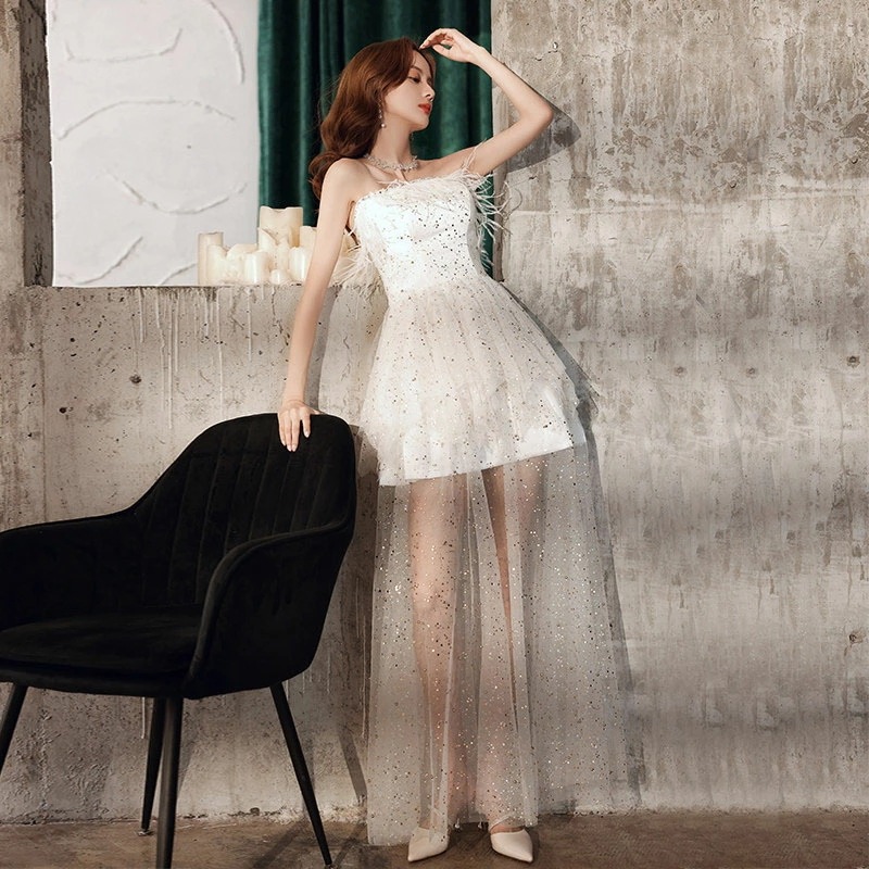 カラードレス パーティードレス イブニングドレス ホワイト 白 フェザー 羽毛 ファー カクテルドレス ウェディングドレス ウエディングドレス 演奏会ドレス 発表会 結婚式 二次会 披露宴 コンサート 9,698円