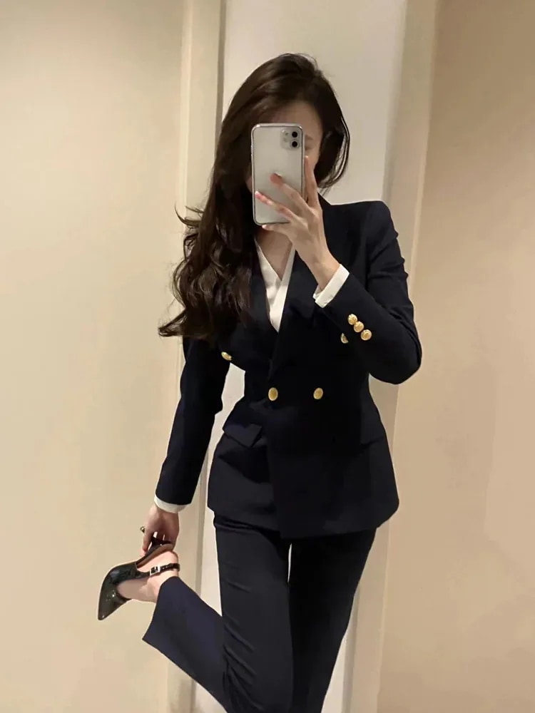 新しいのブレザーの韓系スーツ セットアップ 職業服 事務服 OLオフィス ビジネス スーツ アウター 2025春の新デザイン感 ワイドパンツ