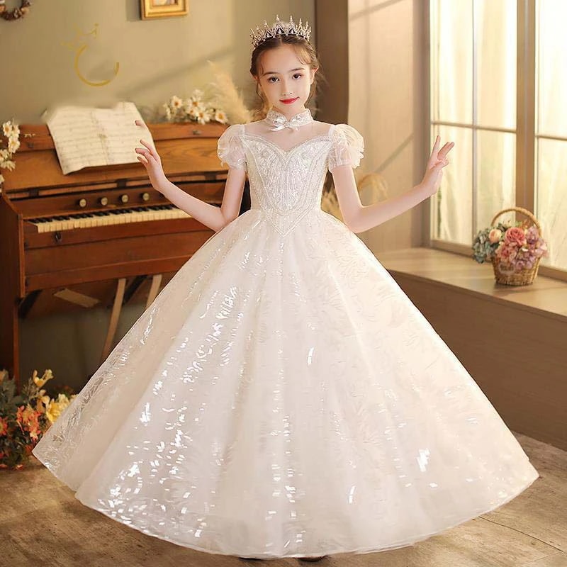 子供たちのホストドレスガールズピアノパフォーマンス服の花の花の子供結婚式の小さな女の子プリンセススカート秋