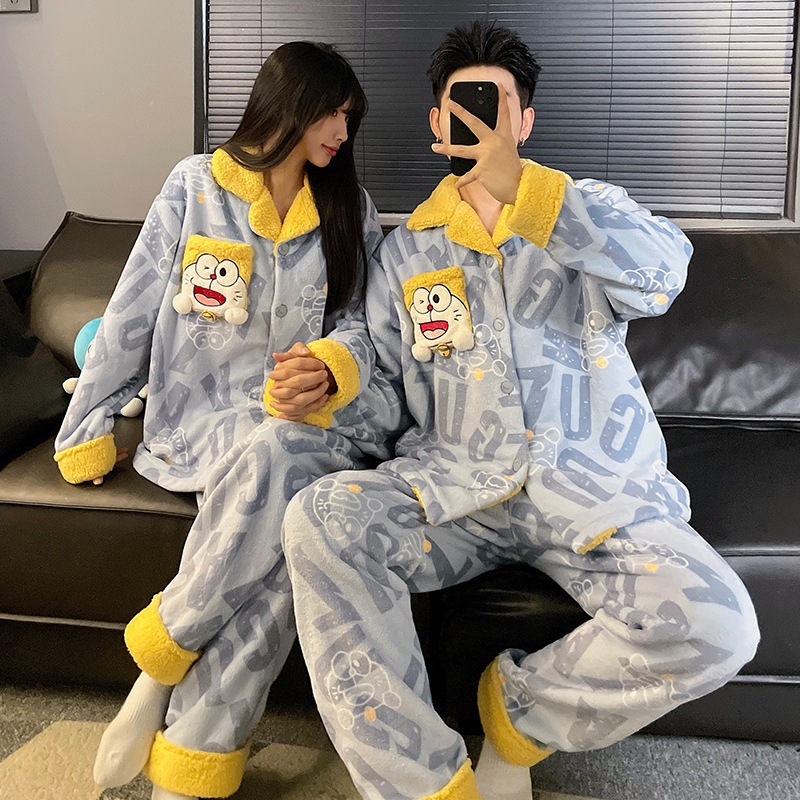 ドラえもんカップルパジャマレディース秋冬コーラルベルベット厚みのあるメンズ冬暖かいホーム服セット
