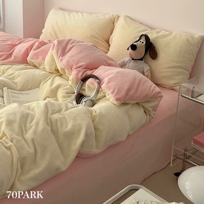 ツートーン シンプル 無地 ミルク ベルベット 冬用 布団カバーセット 全2色 ベッドカバー シングル ダブル クイーン ベッドリネン ぬくぬく おしゃれ 韓国インテリア 70PARK