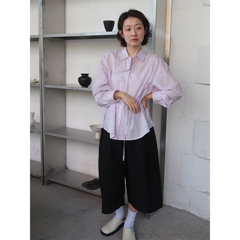 Shi Jian Free Girl Waist Drawstring Dastring Design Shird Lazy Lapel Loose Curage Top 00653