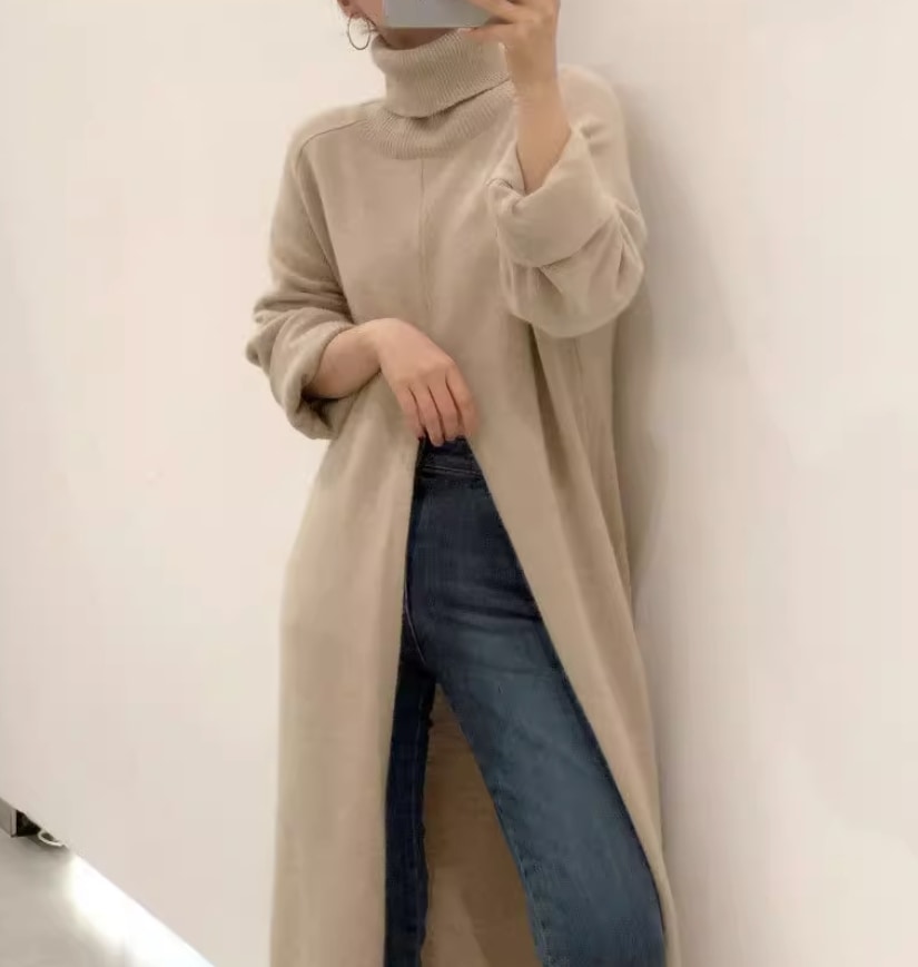 トップス デート モテアイテム ニットソー セーター ロング丈 スリット ハイネック 大人可愛い きれいめ 上品 おしゃれ かっこいい 大人可愛い ラブリー キュート ガーリー クール モード系