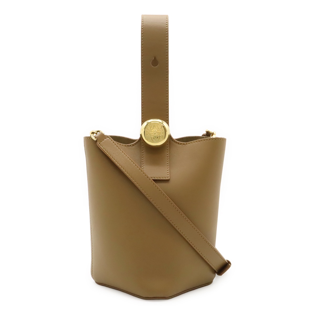 ペブル バケットバッグ ミニ ハンドバッグ 2WAY ショルダーバッグ スムースカーフ レザー ブラウン茶 ゴールド金具 AANBBBMX0