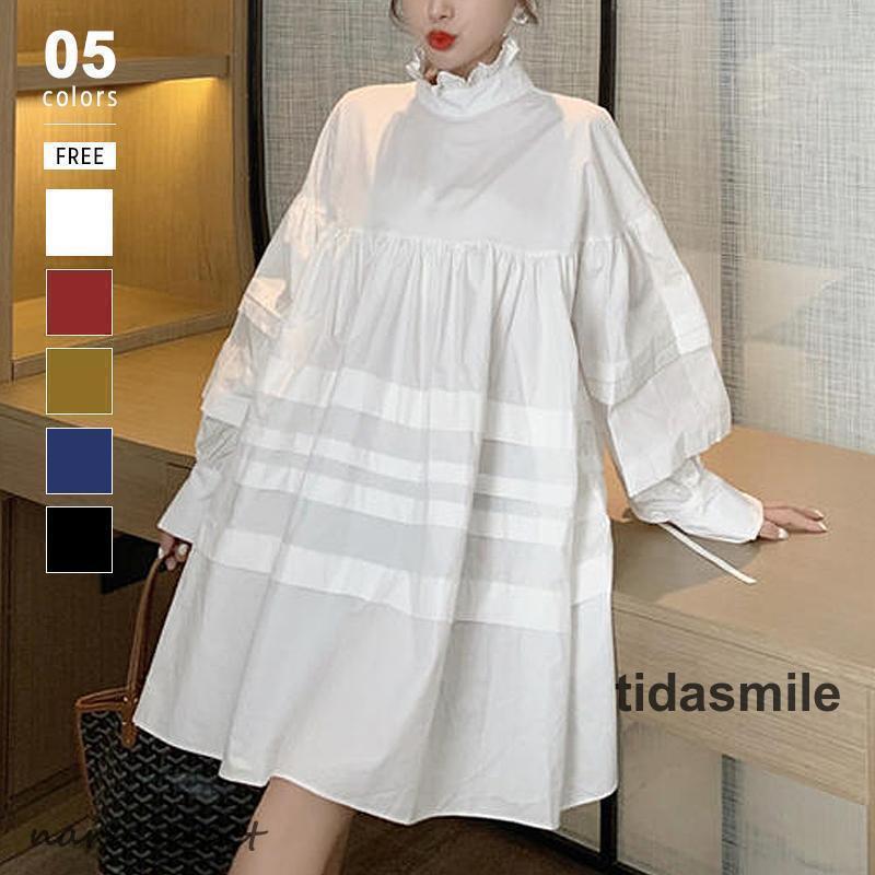 【急速出荷!】ワンピース 長袖 aライン レディース シャツワンピース 大きいサイズ チュニック チュニックワンピース 大人可愛い シャツワンピ フリルネック ブラウス 襟 春