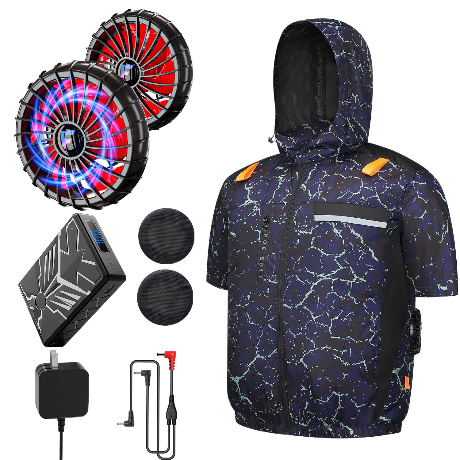空調マン 50V超高出力 空調作業服 夏用 ファン付き 半袖 ファンバッテリーセット BURTLE/バートルファンに完全対応 3D曲面導流 高性能 21700型 8~50Vまで調整可能 超高速充電 着