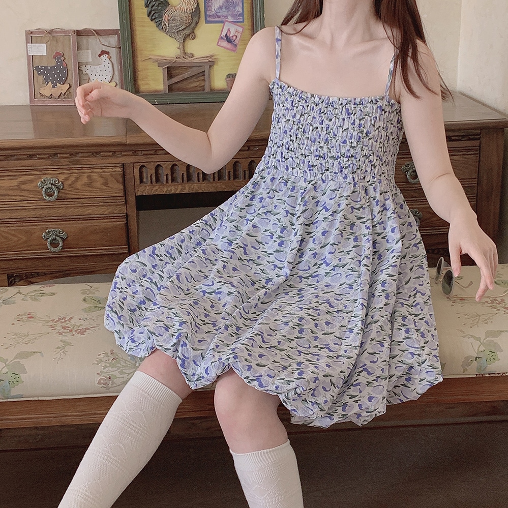 夏の吊りネックストラップバックレスドレス気質ウエストかわいいの小花のゆったりとしたサイズのワンピース　ファッション 5,199円